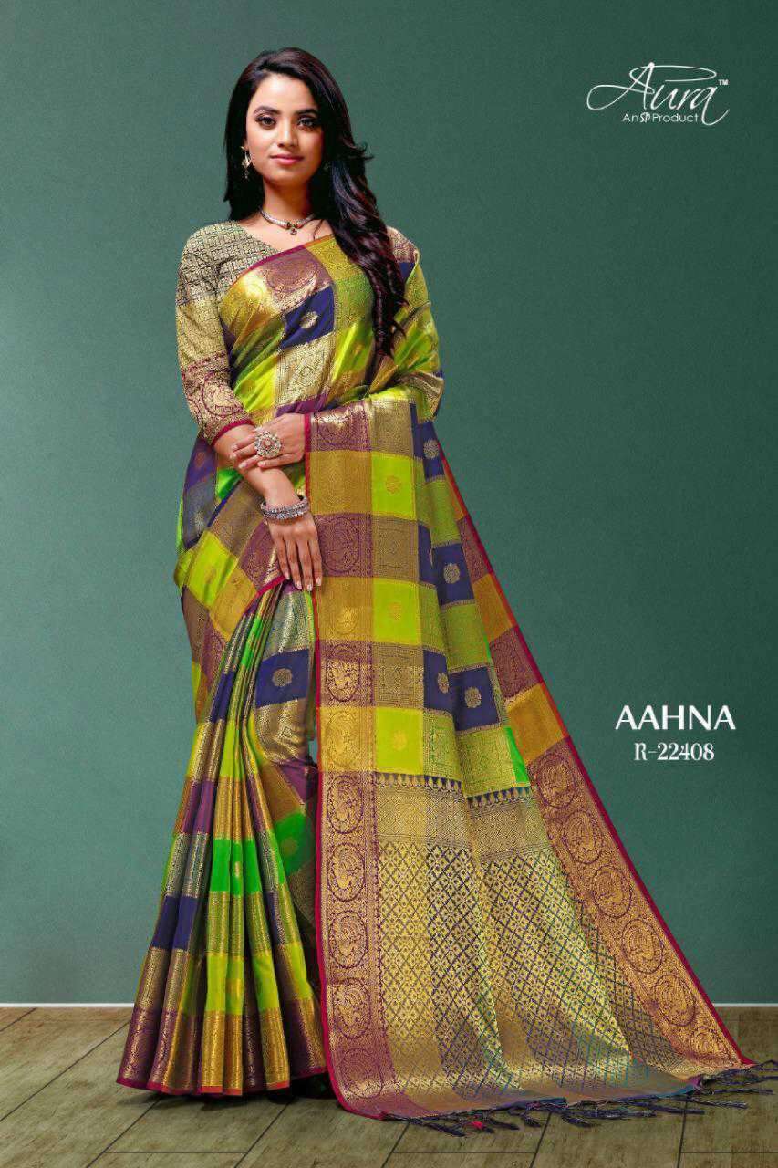 AAHNA BY AURA 22401 TO 22409 SERIES INDIAN TRADITIONAL WEAR COLLECTION BEAUTIFUL STYLISH FANCY COLORFUL PARTY WEAR & OCCASIONAL WEAR SOFT SILK SAREES AT WHOLESALE PRICE
