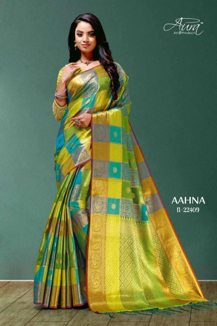 AAHNA BY AURA 22401 TO 22409 SERIES INDIAN TRADITIONAL WEAR COLLECTION BEAUTIFUL STYLISH FANCY COLORFUL PARTY WEAR & OCCASIONAL WEAR SOFT SILK SAREES AT WHOLESALE PRICE