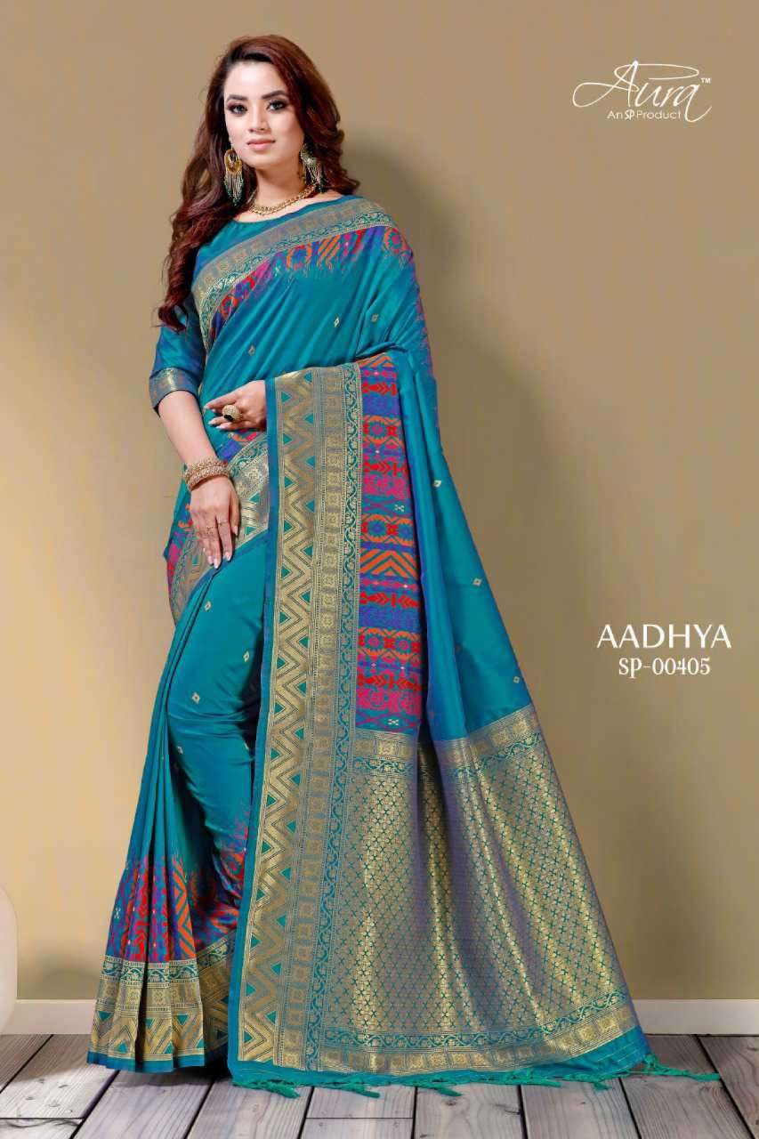 AADHYA BY AURA 00401 TO 00405 SERIES INDIAN TRADITIONAL WEAR COLLECTION BEAUTIFUL STYLISH FANCY COLORFUL PARTY WEAR & OCCASIONAL WEAR SOFT SILK SAREES AT WHOLESALE PRICE