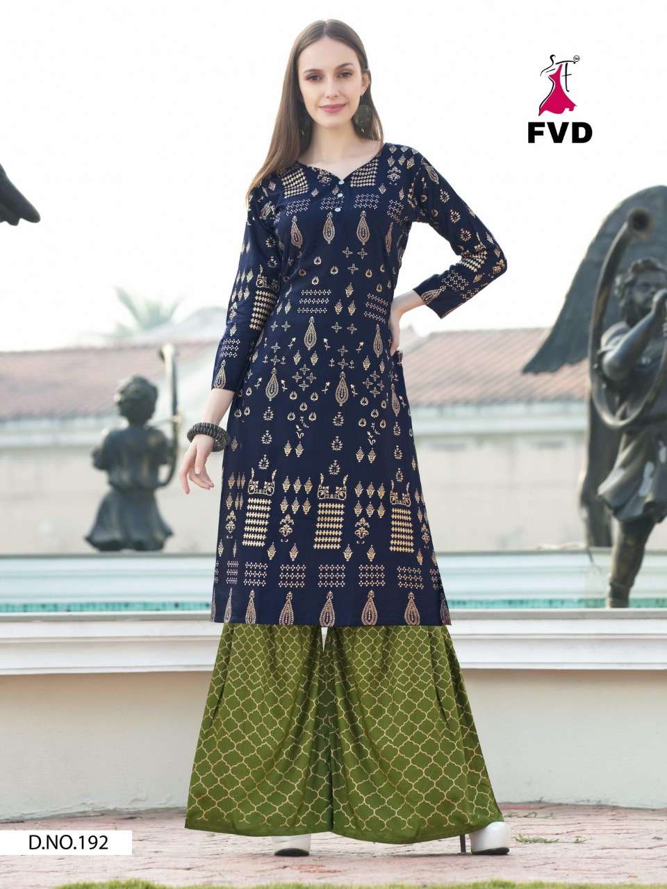 RIMZIM BY FVD 191 TO 196 SERIES DESIGNER STYLISH FANCY COLORFUL BEAUTIFUL PARTY WEAR & ETHNIC WEAR COLLECTION RAYON FOIL PRINT KURTIS WITH BOTTOM AT WHOLESALE PRICE