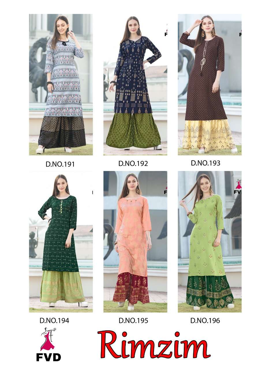 RIMZIM BY FVD 191 TO 196 SERIES DESIGNER STYLISH FANCY COLORFUL BEAUTIFUL PARTY WEAR & ETHNIC WEAR COLLECTION RAYON FOIL PRINT KURTIS WITH BOTTOM AT WHOLESALE PRICE