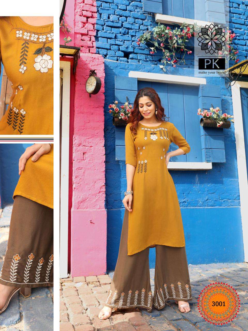 PLAZO CITY VOL-3 BY PK 3001 TO 3012 SERIES STYLISH FANCY BEAUTIFUL COLORFUL CASUAL WEAR & ETHNIC WEAR RAYON EMBROIDERED KURTIS WITH BOTTOM AT WHOLESALE PRICE