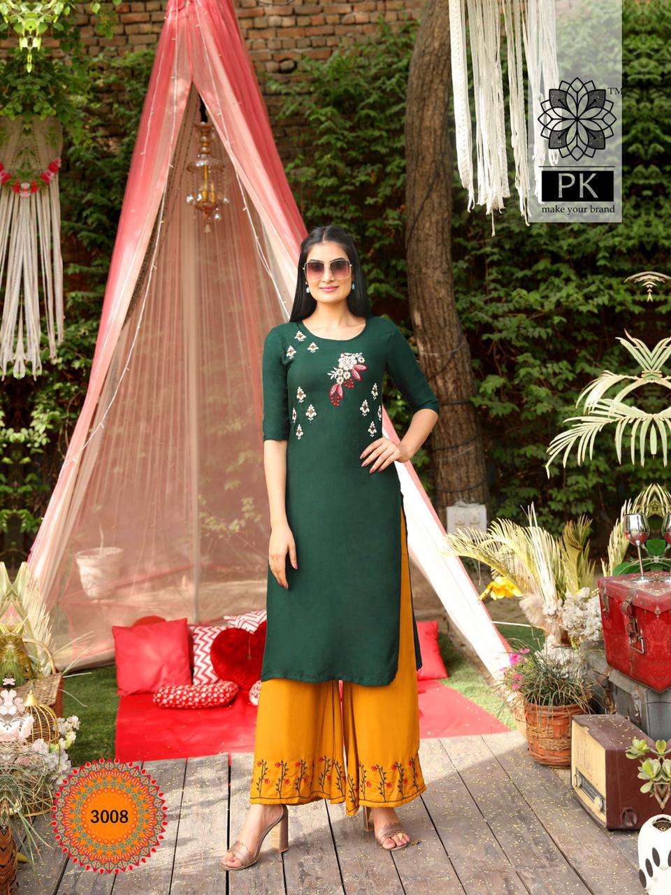 PLAZO CITY VOL-3 BY PK 3001 TO 3012 SERIES STYLISH FANCY BEAUTIFUL COLORFUL CASUAL WEAR & ETHNIC WEAR RAYON EMBROIDERED KURTIS WITH BOTTOM AT WHOLESALE PRICE
