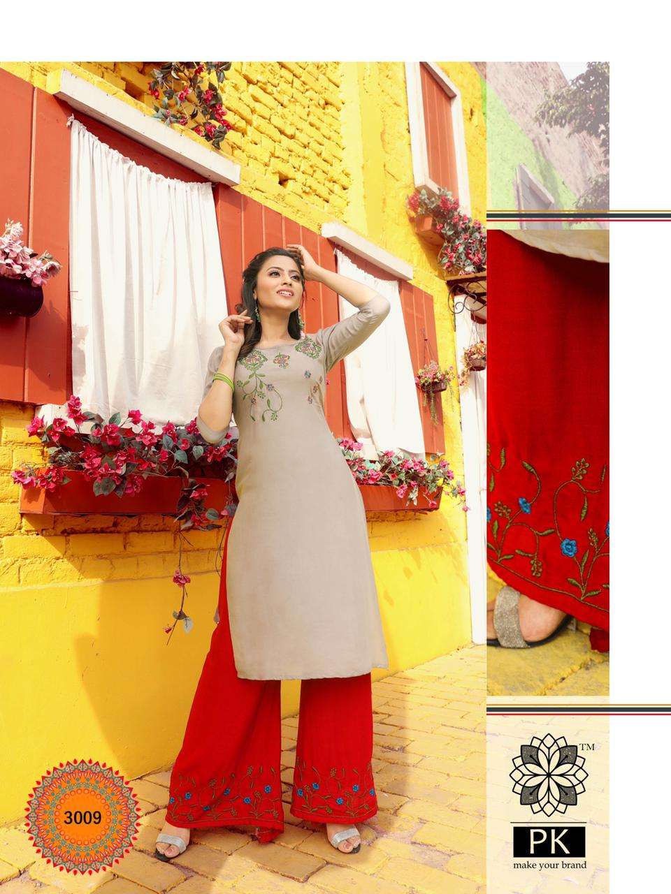 PLAZO CITY VOL-3 BY PK 3001 TO 3012 SERIES STYLISH FANCY BEAUTIFUL COLORFUL CASUAL WEAR & ETHNIC WEAR RAYON EMBROIDERED KURTIS WITH BOTTOM AT WHOLESALE PRICE