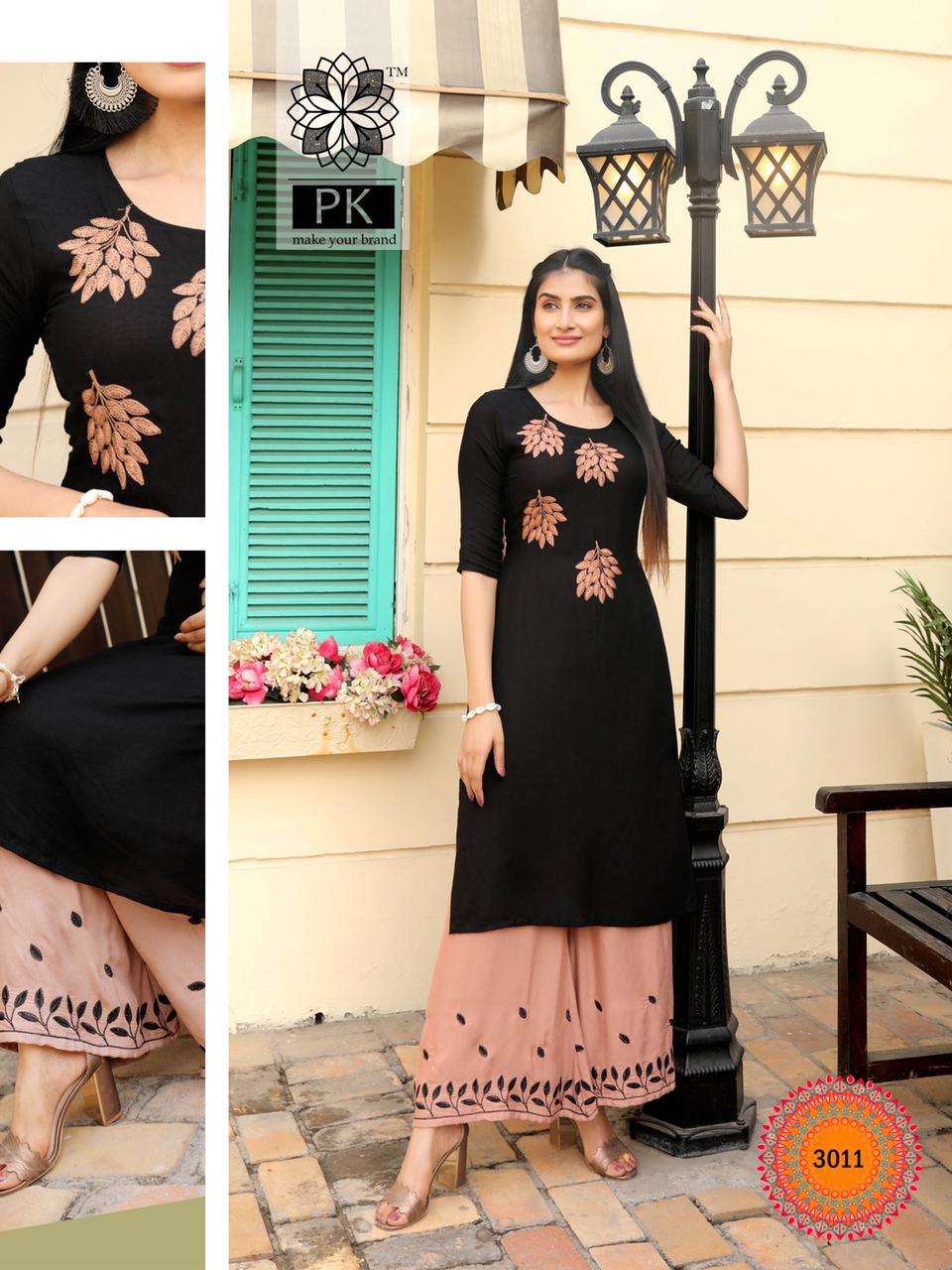 PLAZO CITY VOL-3 BY PK 3001 TO 3012 SERIES STYLISH FANCY BEAUTIFUL COLORFUL CASUAL WEAR & ETHNIC WEAR RAYON EMBROIDERED KURTIS WITH BOTTOM AT WHOLESALE PRICE