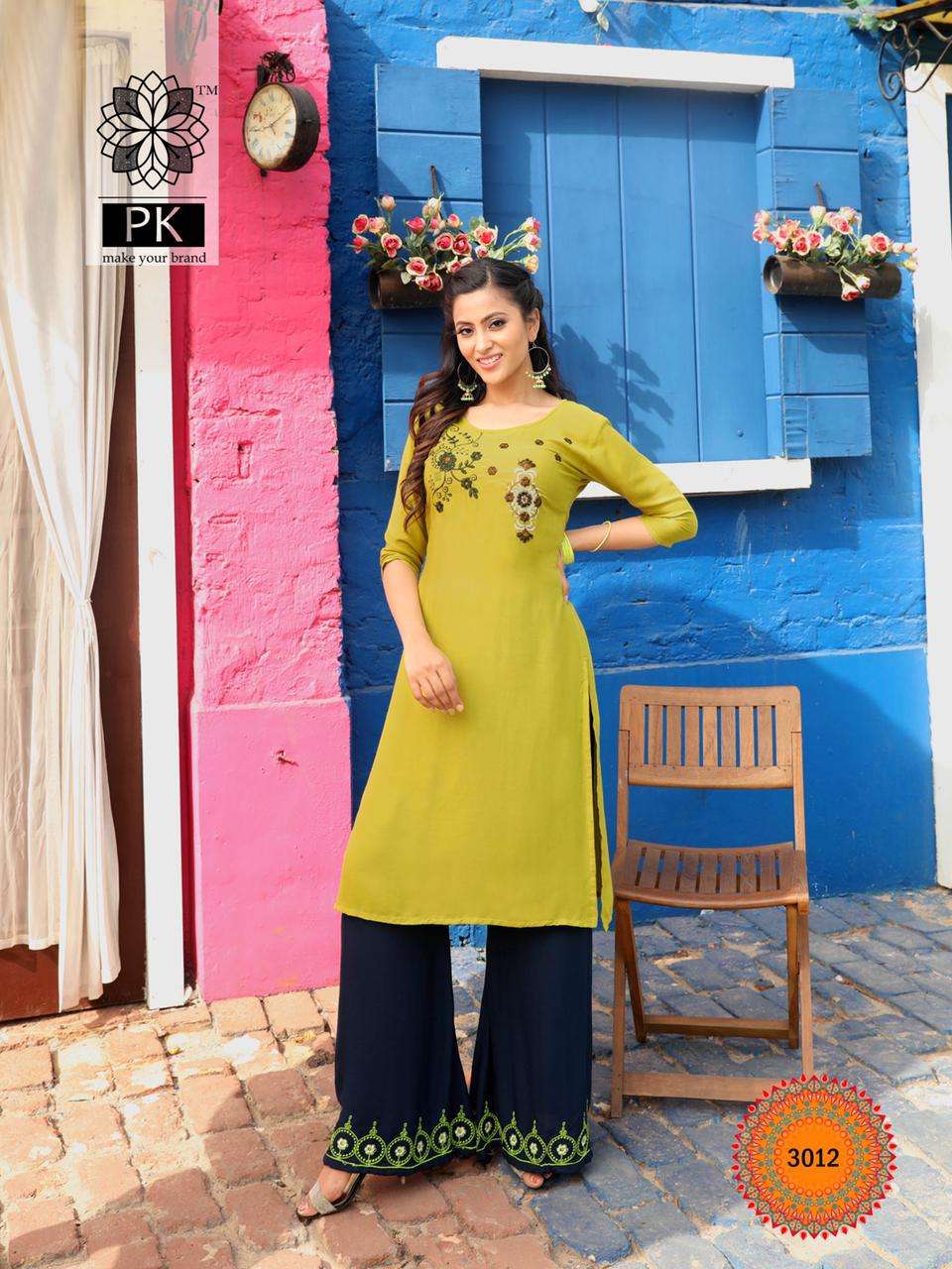 PLAZO CITY VOL-3 BY PK 3001 TO 3012 SERIES STYLISH FANCY BEAUTIFUL COLORFUL CASUAL WEAR & ETHNIC WEAR RAYON EMBROIDERED KURTIS WITH BOTTOM AT WHOLESALE PRICE