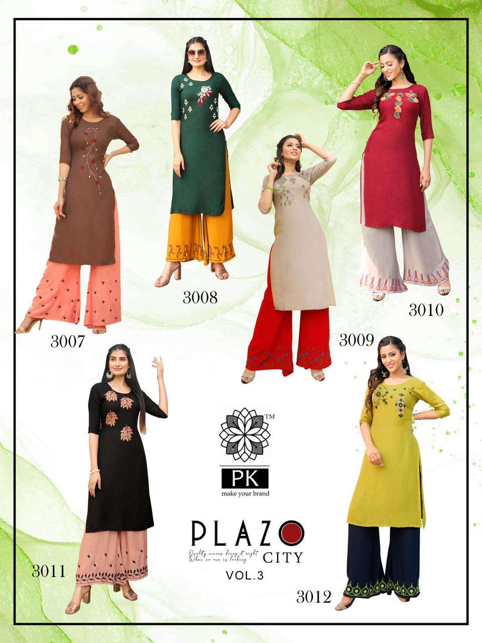 PLAZO CITY VOL-3 BY PK 3001 TO 3012 SERIES STYLISH FANCY BEAUTIFUL COLORFUL CASUAL WEAR & ETHNIC WEAR RAYON EMBROIDERED KURTIS WITH BOTTOM AT WHOLESALE PRICE