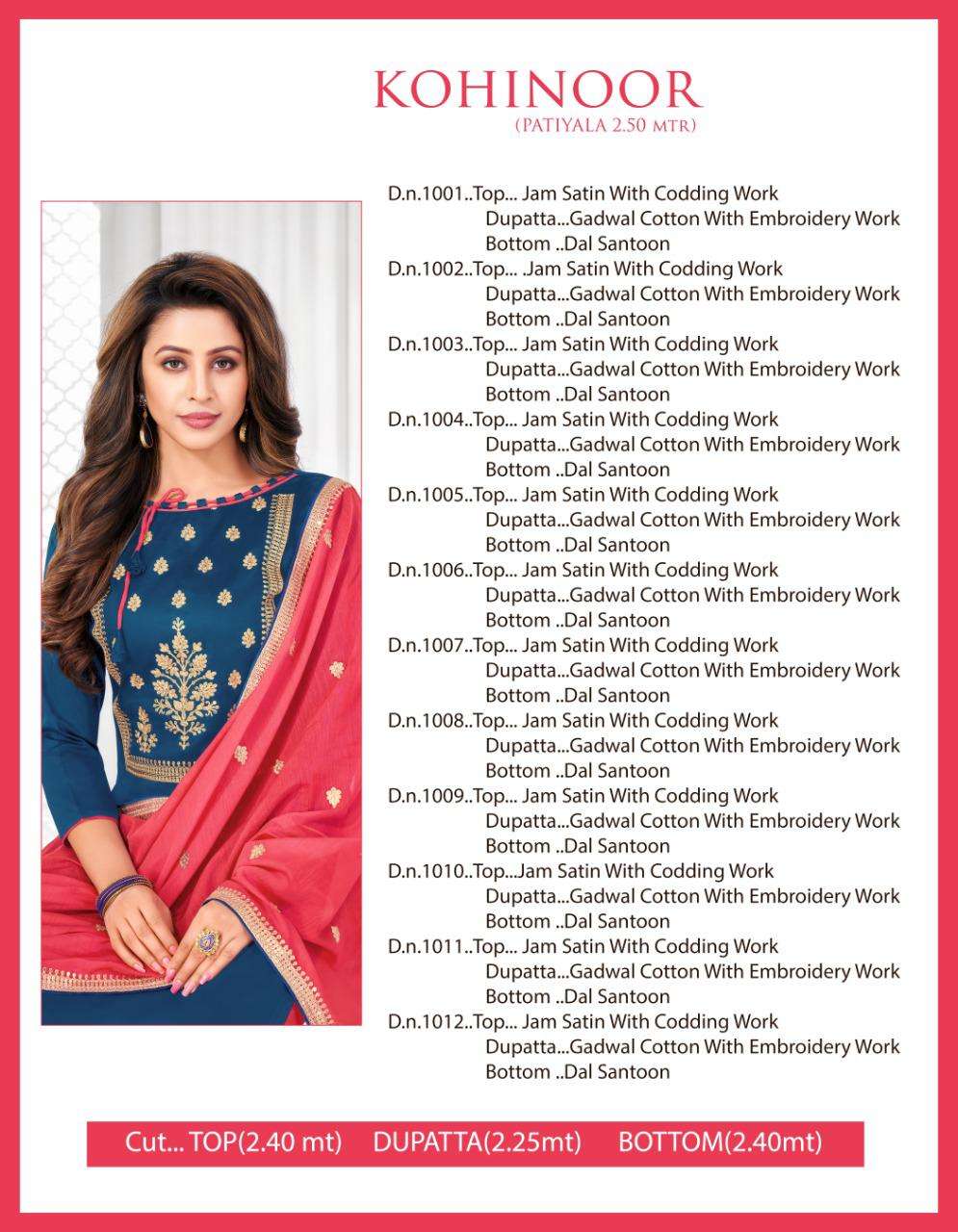 KOHINOOR BY SHAGUN 1001 TO 1012 SERIES DESIGNER SUITS BEAUTIFUL FANCY COLORFUL STYLISH PARTY WEAR & OCCASIONAL WEAR JAM SATIN CODING WORK DRESSES AT WHOLESALE PRICE