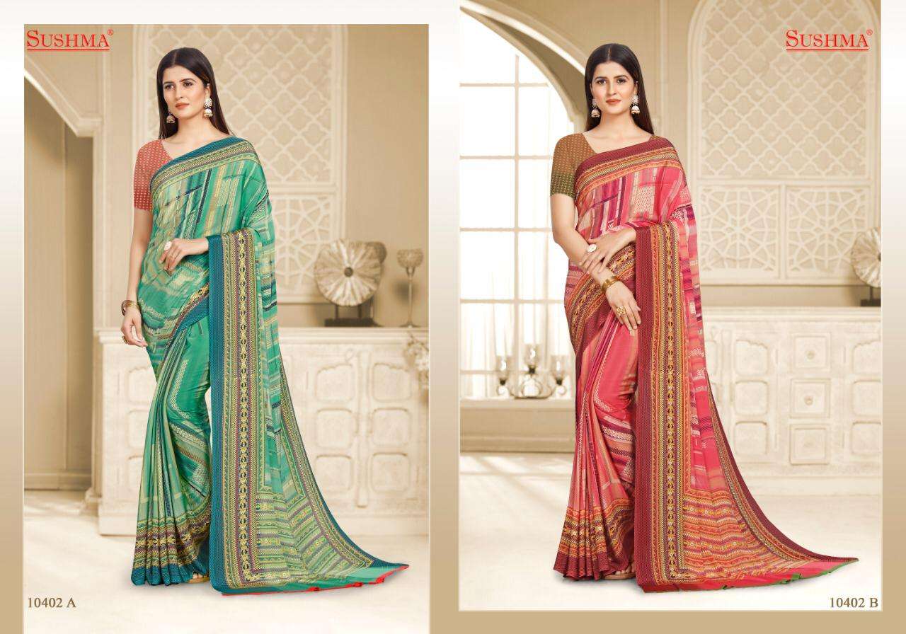 FASHIONABLE VOL-2 BY SUSHMA 10401-A TO 10406-B SERIES INDIAN TRADITIONAL WEAR COLLECTION BEAUTIFUL STYLISH FANCY COLORFUL PARTY WEAR & OCCASIONAL WEAR CREPE SAREES AT WHOLESALE PRICE