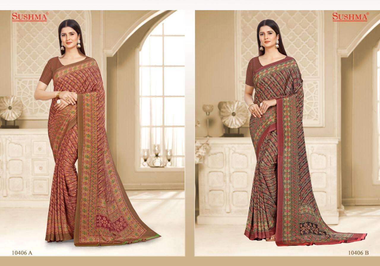 FASHIONABLE VOL-2 BY SUSHMA 10401-A TO 10406-B SERIES INDIAN TRADITIONAL WEAR COLLECTION BEAUTIFUL STYLISH FANCY COLORFUL PARTY WEAR & OCCASIONAL WEAR CREPE SAREES AT WHOLESALE PRICE