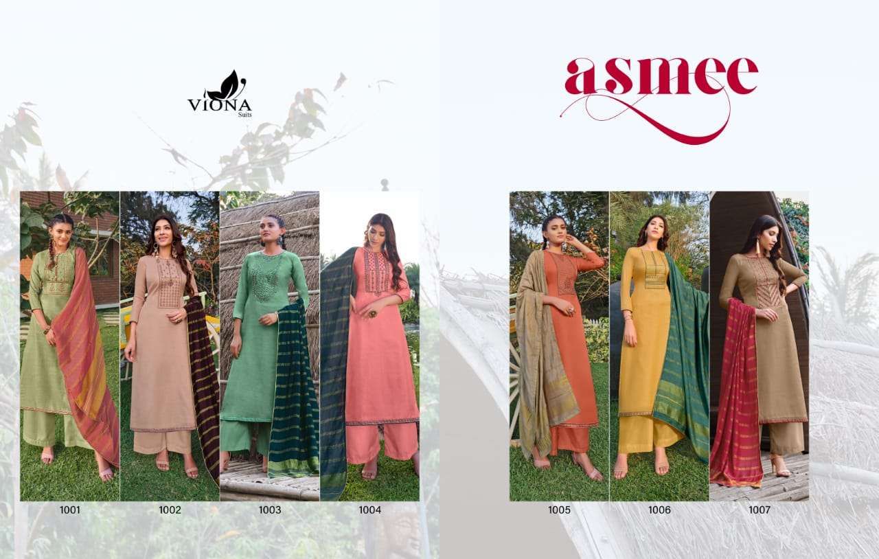 ASMEE BY VIONA SUITS 1001 TO 1007 SERIES BEAUTIFUL SUITS COLORFUL STYLISH FANCY CASUAL WEAR & ETHNIC WEAR PURE ANAYA SILK EMBROIDERED DRESSES AT WHOLESALE PRICE