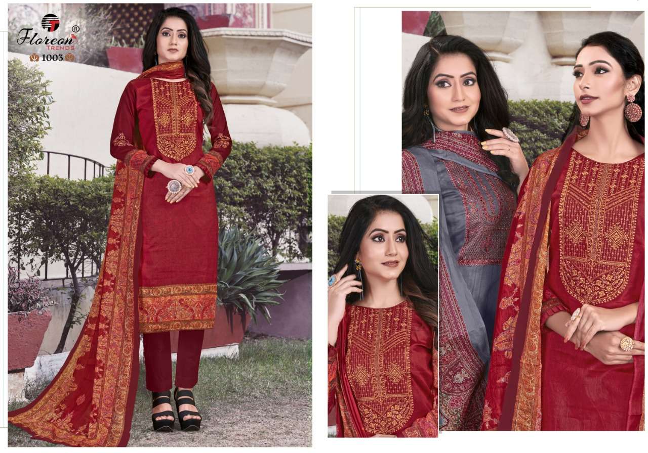 ALISHA BY FLOREON TRENDS 1001 TO 1008 SERIES BEAUTIFUL SUITS COLORFUL STYLISH FANCY CASUAL WEAR & ETHNIC WEAR GLACE COTTON SATIN PRINT EMBROIDERED DRESSES AT WHOLESALE PRICE