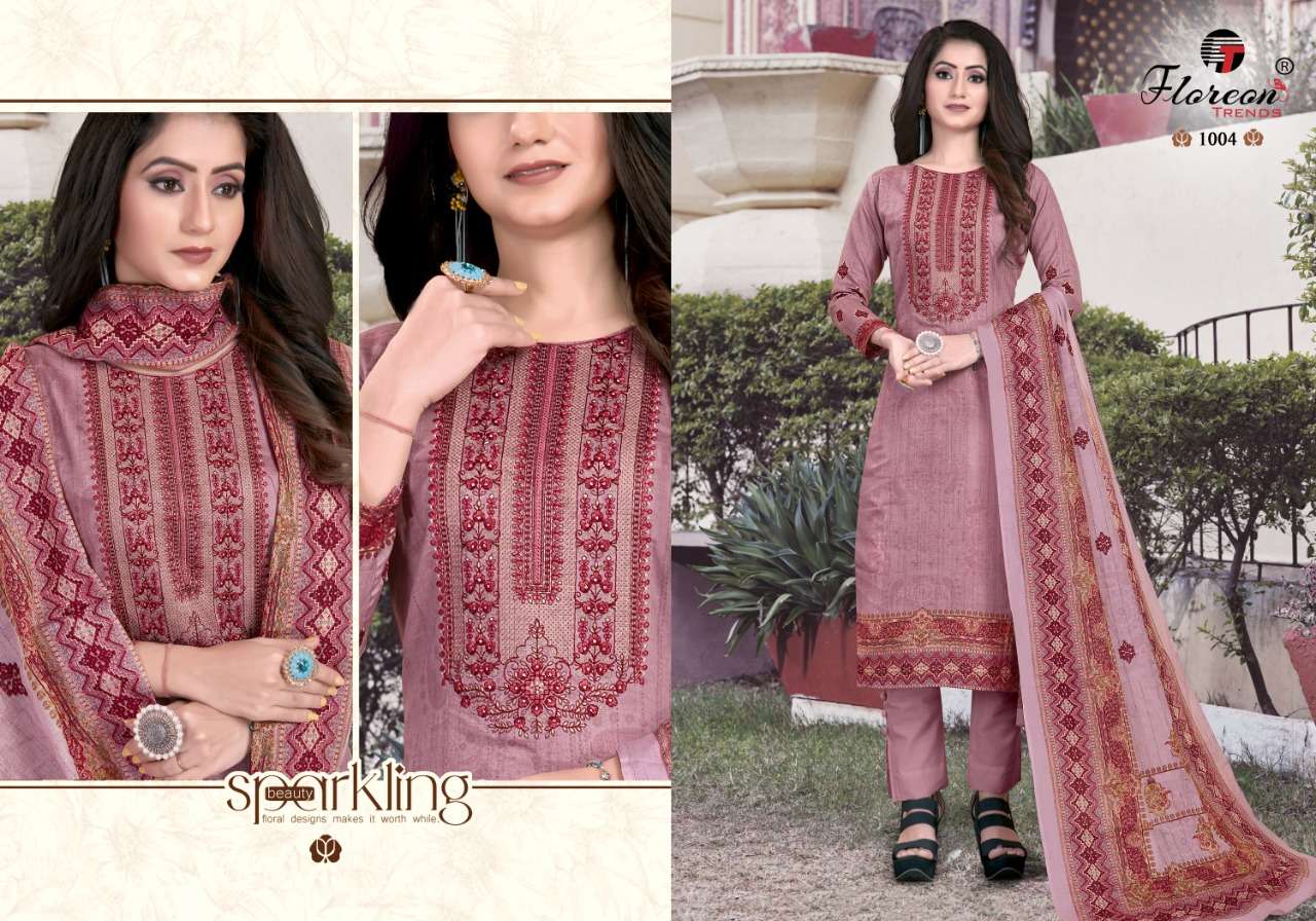 ALISHA BY FLOREON TRENDS 1001 TO 1008 SERIES BEAUTIFUL SUITS COLORFUL STYLISH FANCY CASUAL WEAR & ETHNIC WEAR GLACE COTTON SATIN PRINT EMBROIDERED DRESSES AT WHOLESALE PRICE