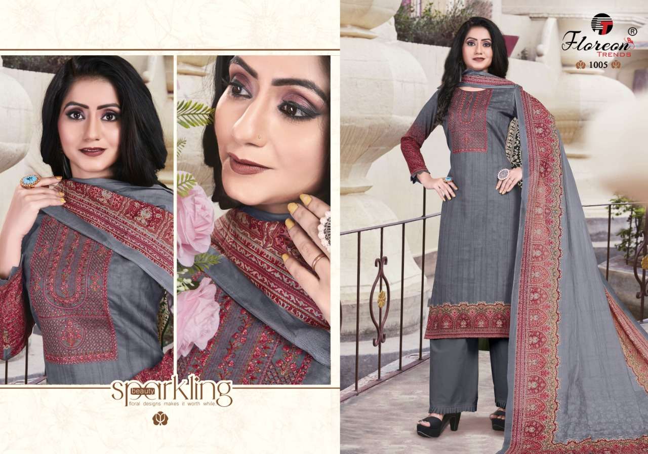 ALISHA BY FLOREON TRENDS 1001 TO 1008 SERIES BEAUTIFUL SUITS COLORFUL STYLISH FANCY CASUAL WEAR & ETHNIC WEAR GLACE COTTON SATIN PRINT EMBROIDERED DRESSES AT WHOLESALE PRICE