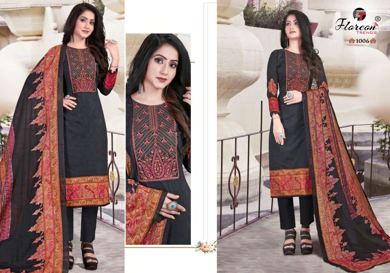 ALISHA BY FLOREON TRENDS 1001 TO 1008 SERIES BEAUTIFUL SUITS COLORFUL STYLISH FANCY CASUAL WEAR & ETHNIC WEAR GLACE COTTON SATIN PRINT EMBROIDERED DRESSES AT WHOLESALE PRICE