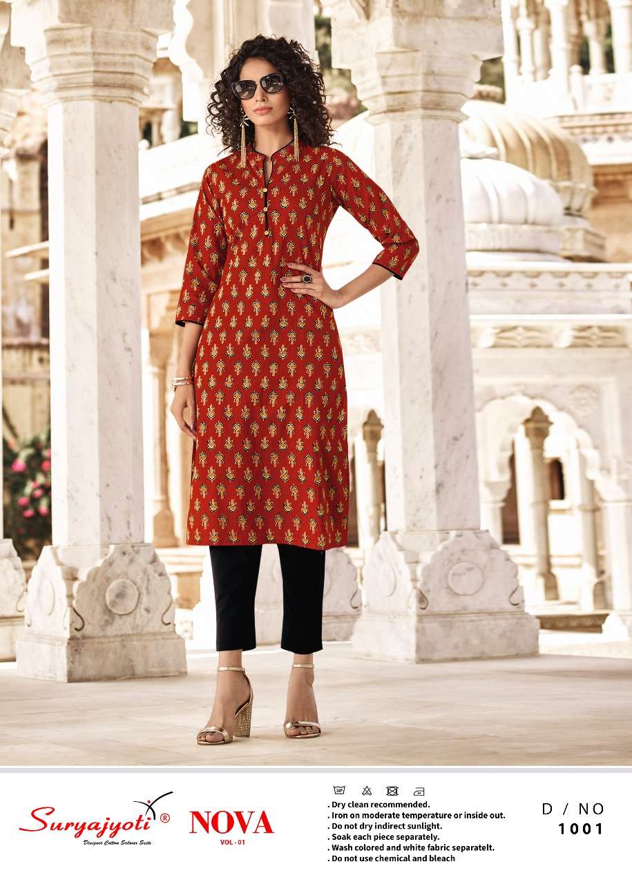 NOVA VOL-1 BY SURYAJYOTI 1001 TO 1010 SERIES DESIGNER STYLISH FANCY COLORFUL BEAUTIFUL PARTY WEAR & ETHNIC WEAR COLLECTION LAWN COTTON KURTIS AT WHOLESALE PRICE