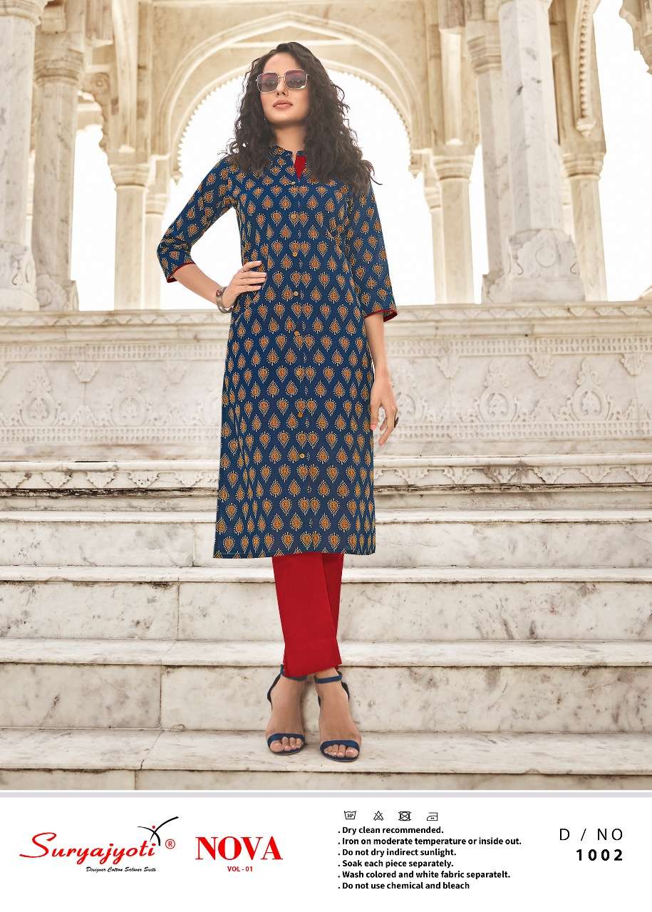 NOVA VOL-1 BY SURYAJYOTI 1001 TO 1010 SERIES DESIGNER STYLISH FANCY COLORFUL BEAUTIFUL PARTY WEAR & ETHNIC WEAR COLLECTION LAWN COTTON KURTIS AT WHOLESALE PRICE
