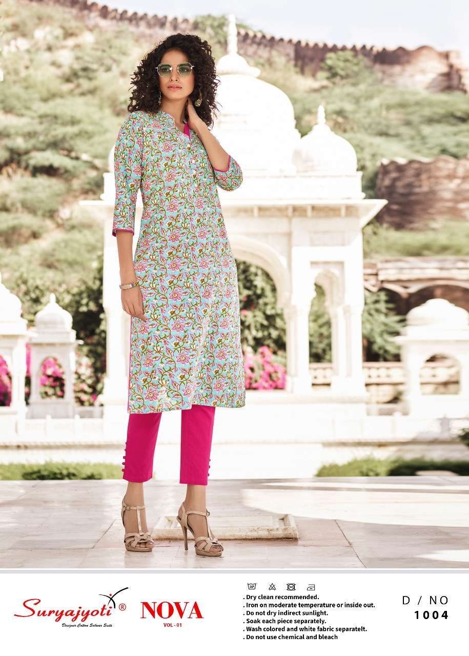 NOVA VOL-1 BY SURYAJYOTI 1001 TO 1010 SERIES DESIGNER STYLISH FANCY COLORFUL BEAUTIFUL PARTY WEAR & ETHNIC WEAR COLLECTION LAWN COTTON KURTIS AT WHOLESALE PRICE