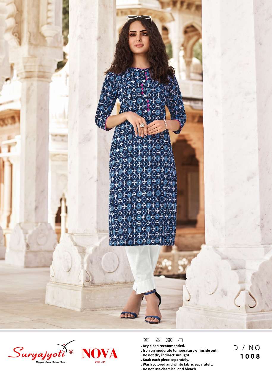 NOVA VOL-1 BY SURYAJYOTI 1001 TO 1010 SERIES DESIGNER STYLISH FANCY COLORFUL BEAUTIFUL PARTY WEAR & ETHNIC WEAR COLLECTION LAWN COTTON KURTIS AT WHOLESALE PRICE