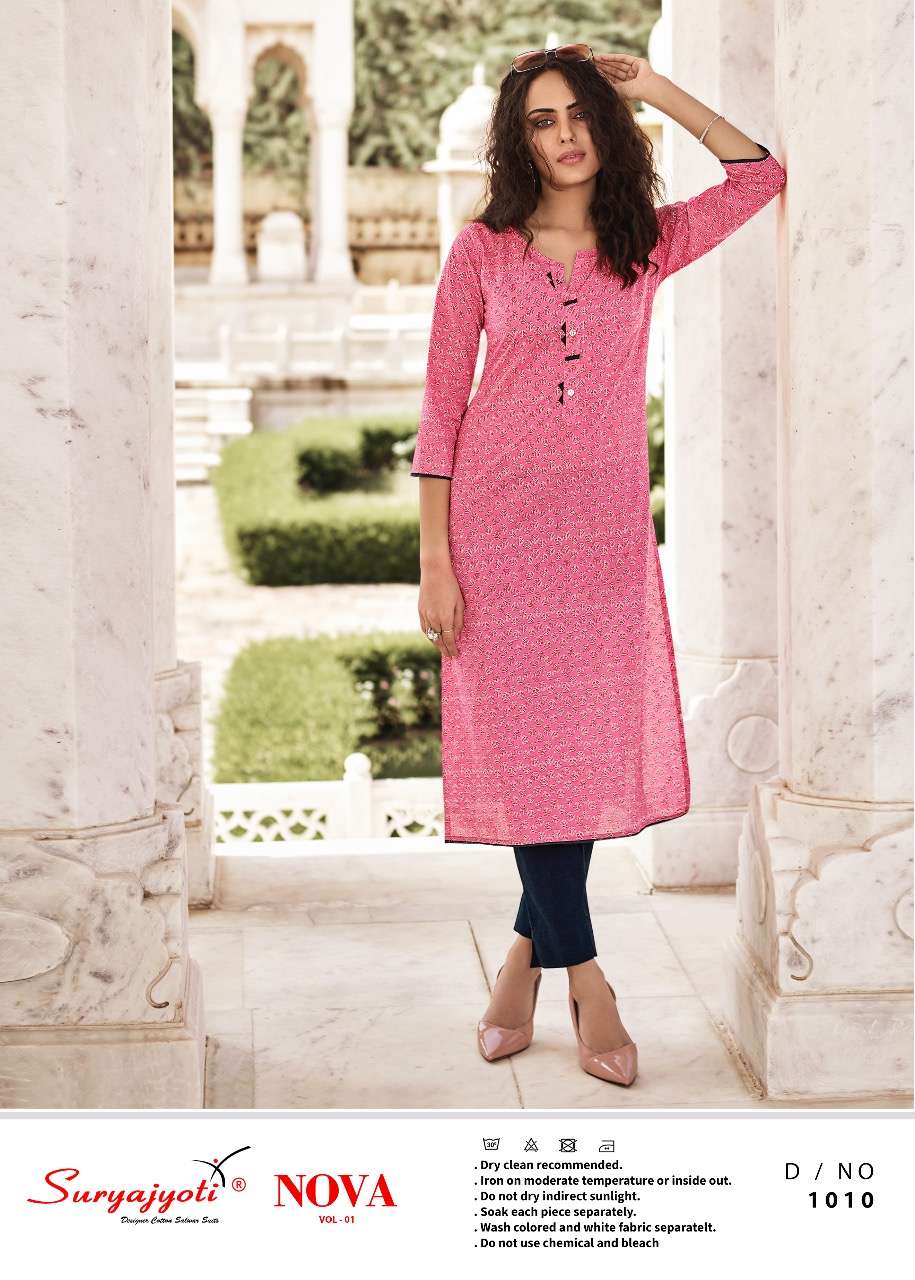 NOVA VOL-1 BY SURYAJYOTI 1001 TO 1010 SERIES DESIGNER STYLISH FANCY COLORFUL BEAUTIFUL PARTY WEAR & ETHNIC WEAR COLLECTION LAWN COTTON KURTIS AT WHOLESALE PRICE