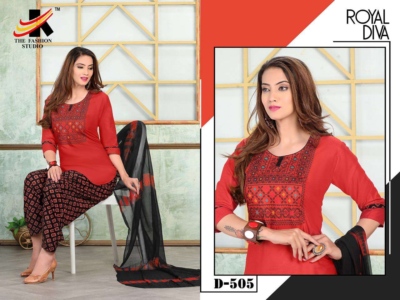 APPLE BY THE FASHION STUDIO 501 TO 508 SERIES BEAUTIFUL STYLISH PATIYALA SUITS FANCY COLORFUL CASUAL WEAR & ETHNIC WEAR & READY TO WEAR RAYON PRINT EMBROIDERED DRESSES AT WHOLESALE PRICE