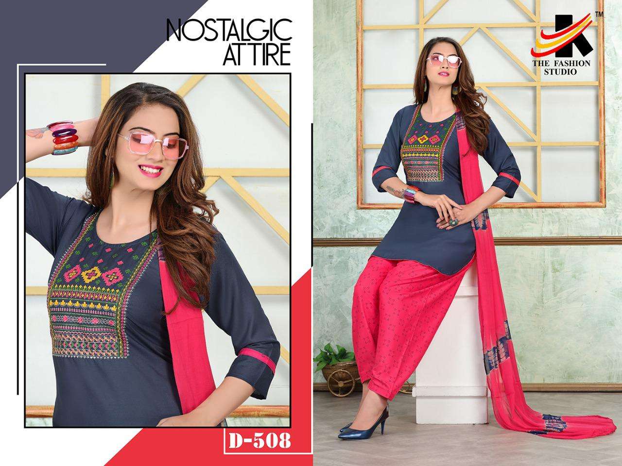 APPLE BY THE FASHION STUDIO 501 TO 508 SERIES BEAUTIFUL STYLISH PATIYALA SUITS FANCY COLORFUL CASUAL WEAR & ETHNIC WEAR & READY TO WEAR RAYON PRINT EMBROIDERED DRESSES AT WHOLESALE PRICE