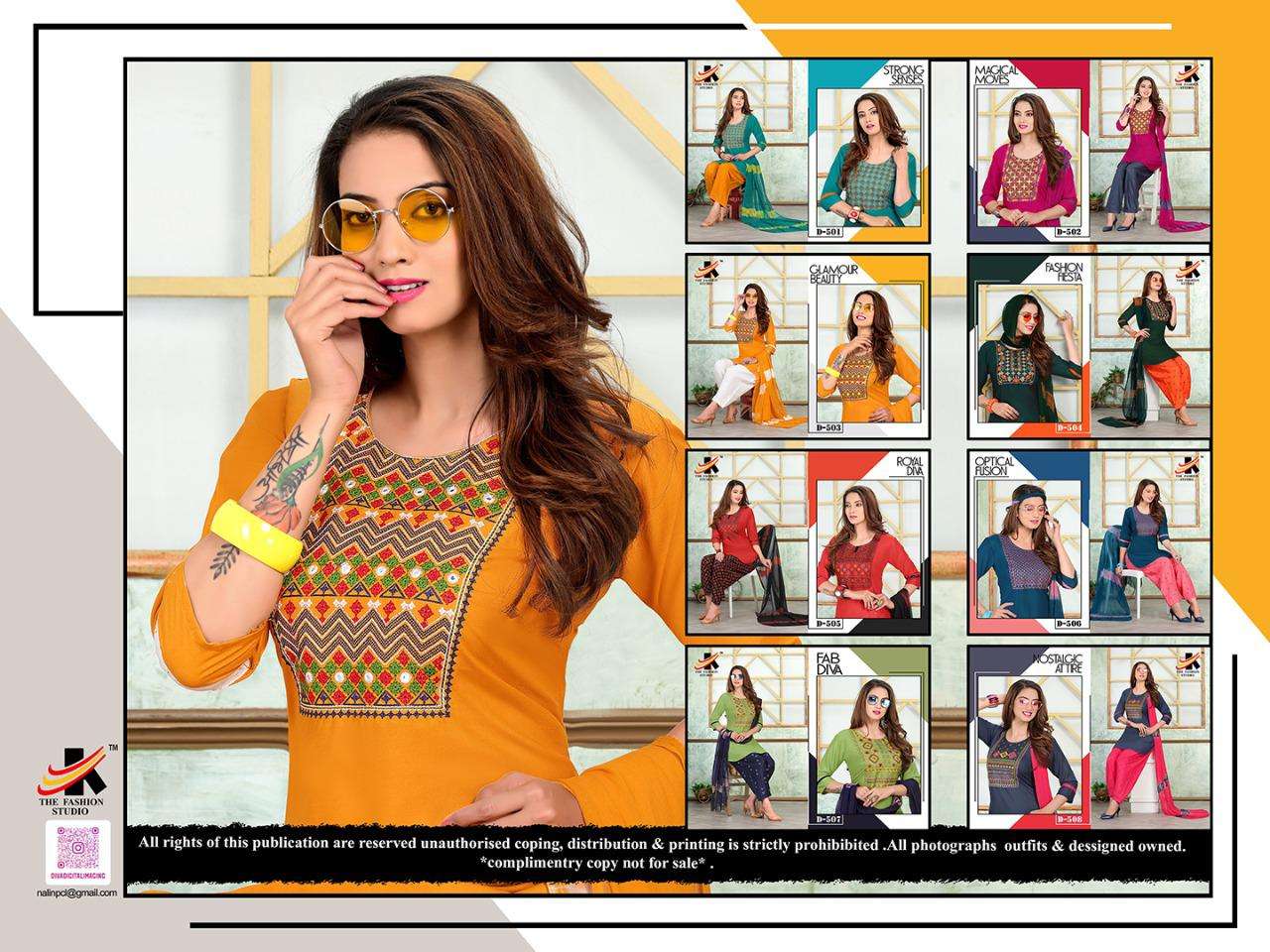 APPLE BY THE FASHION STUDIO 501 TO 508 SERIES BEAUTIFUL STYLISH PATIYALA SUITS FANCY COLORFUL CASUAL WEAR & ETHNIC WEAR & READY TO WEAR RAYON PRINT EMBROIDERED DRESSES AT WHOLESALE PRICE