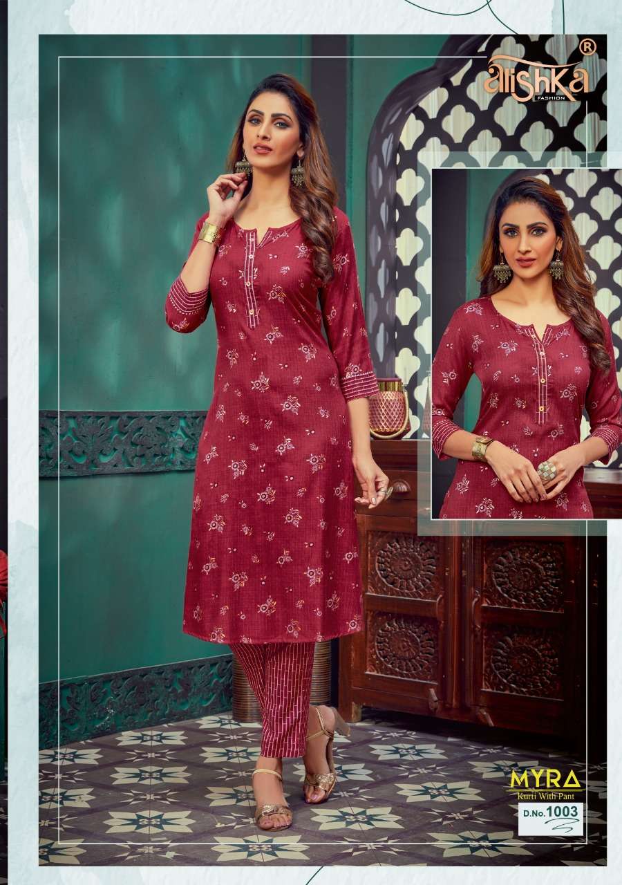 MYRA BY ALISHKA FASHION 1001 TO 1003 SERIES DESIGNER STYLISH COLORFUL FANCY BEAUTIFUL PARTY WEAR & ETHNIC WEAR RAYON PRINTED KURTIS AT WHOLESALE PRICE