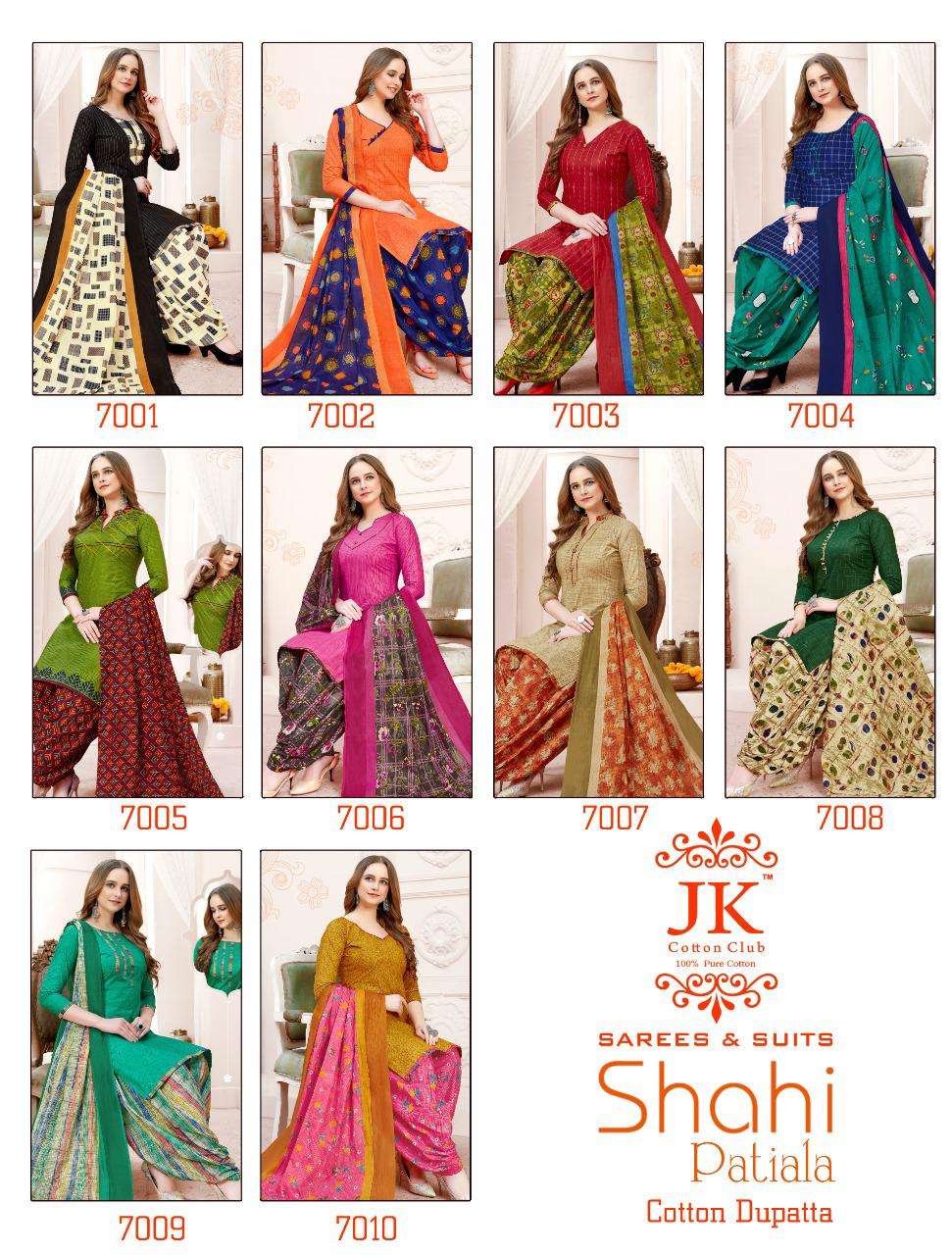 SAHI PATIYALA VOL-7 BY JK COTTON CLUB 7001 TO 7010 SERIES BEAUTIFUL SUITS COLORFUL STYLISH FANCY CASUAL WEAR & ETHNIC WEAR PURE COTTON DRESSES AT WHOLESALE PRICE
