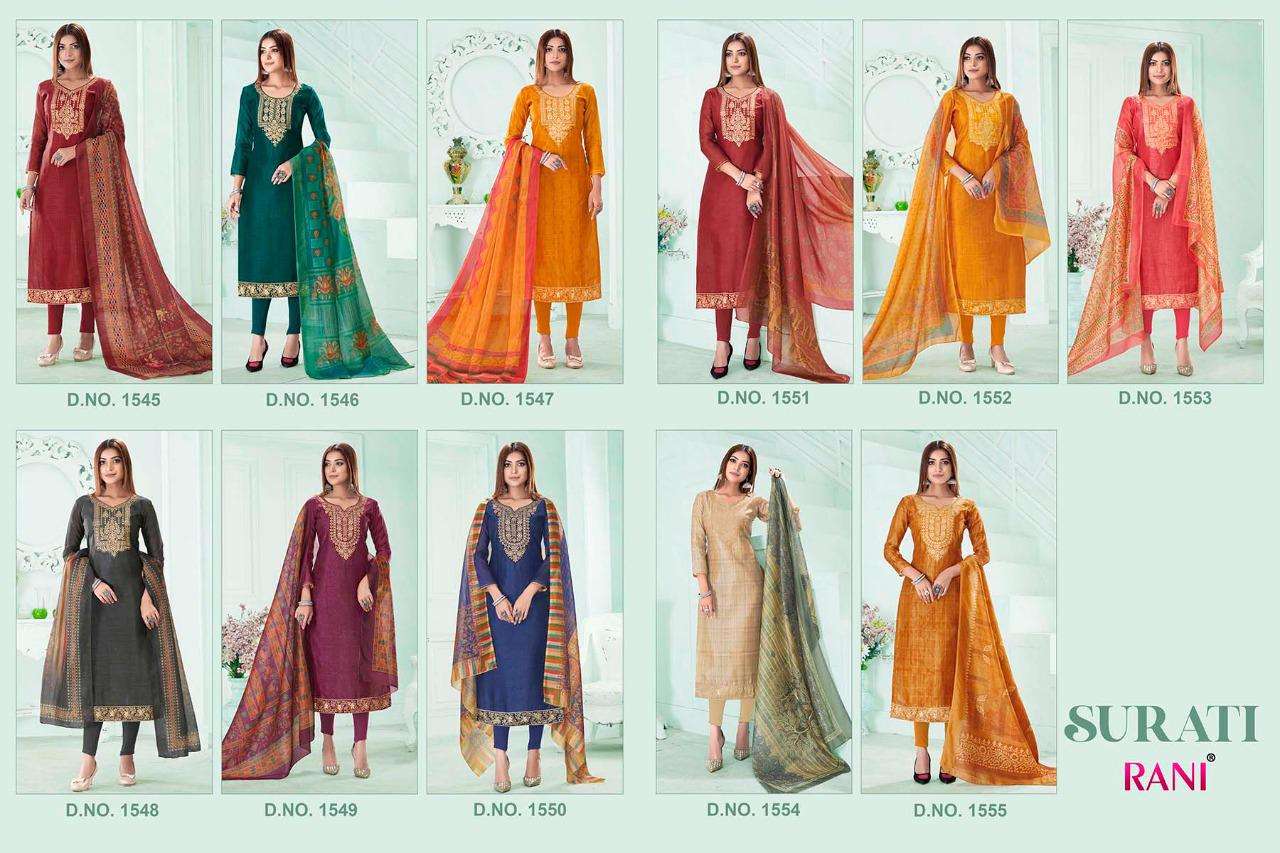 SURATI BY RANI TRENDZ 1545 TO 1555 SERIES BEAUTIFUL SUITS COLORFUL STYLISH FANCY CASUAL WEAR & ETHNIC WEAR MODAL CHANDERI DRESSES AT WHOLESALE PRICE