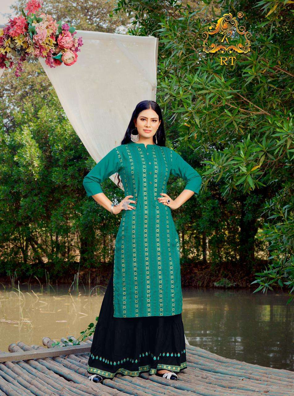 SURMAEE VOL-2 BY RT 8006 TO 8010 SERIES DESIGNER STYLISH FANCY COLORFUL BEAUTIFUL PARTY WEAR & ETHNIC WEAR COLLECTION RAYON FOIL PRINT KURTIS WITH BOTTOM AT WHOLESALE PRICE