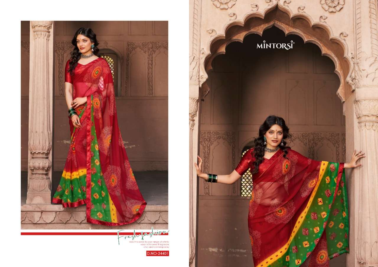 BANDHEJ BY MINTORSI 24401 TO 24410 SERIES INDIAN TRADITIONAL WEAR COLLECTION BEAUTIFUL STYLISH FANCY COLORFUL PARTY WEAR & OCCASIONAL WEAR GEORGETTE SAREES AT WHOLESALE PRICE