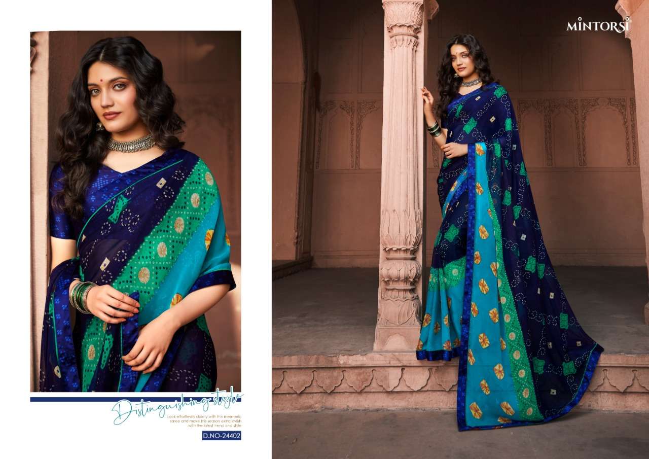 BANDHEJ BY MINTORSI 24401 TO 24410 SERIES INDIAN TRADITIONAL WEAR COLLECTION BEAUTIFUL STYLISH FANCY COLORFUL PARTY WEAR & OCCASIONAL WEAR GEORGETTE SAREES AT WHOLESALE PRICE
