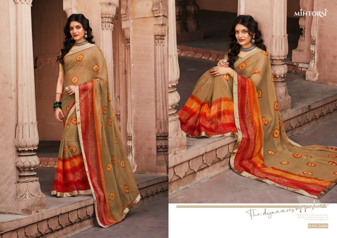 BANDHEJ BY MINTORSI 24401 TO 24410 SERIES INDIAN TRADITIONAL WEAR COLLECTION BEAUTIFUL STYLISH FANCY COLORFUL PARTY WEAR & OCCASIONAL WEAR GEORGETTE SAREES AT WHOLESALE PRICE