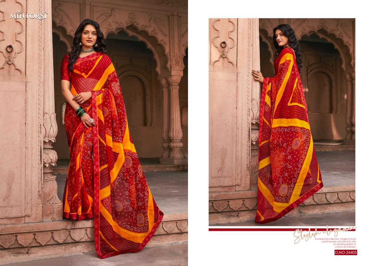 BANDHEJ BY MINTORSI 24401 TO 24410 SERIES INDIAN TRADITIONAL WEAR COLLECTION BEAUTIFUL STYLISH FANCY COLORFUL PARTY WEAR & OCCASIONAL WEAR GEORGETTE SAREES AT WHOLESALE PRICE