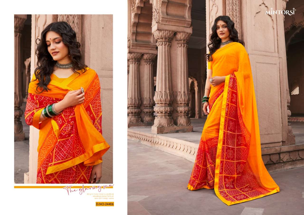 BANDHEJ BY MINTORSI 24401 TO 24410 SERIES INDIAN TRADITIONAL WEAR COLLECTION BEAUTIFUL STYLISH FANCY COLORFUL PARTY WEAR & OCCASIONAL WEAR GEORGETTE SAREES AT WHOLESALE PRICE