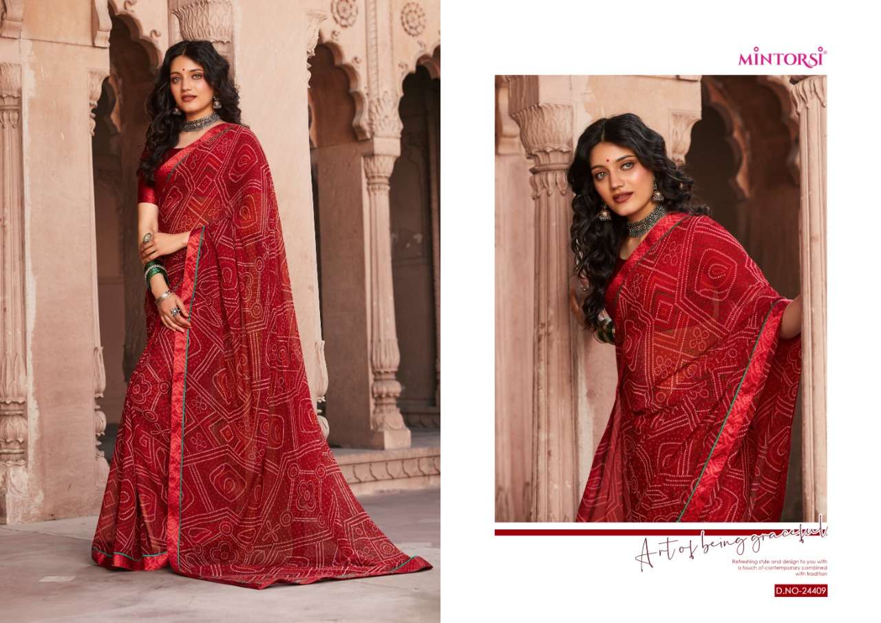 BANDHEJ BY MINTORSI 24401 TO 24410 SERIES INDIAN TRADITIONAL WEAR COLLECTION BEAUTIFUL STYLISH FANCY COLORFUL PARTY WEAR & OCCASIONAL WEAR GEORGETTE SAREES AT WHOLESALE PRICE