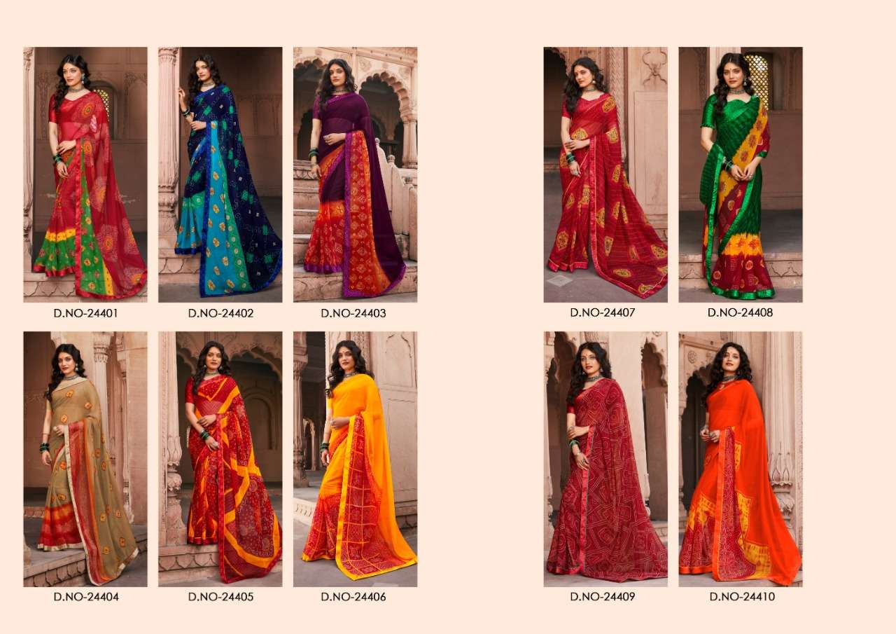 BANDHEJ BY MINTORSI 24401 TO 24410 SERIES INDIAN TRADITIONAL WEAR COLLECTION BEAUTIFUL STYLISH FANCY COLORFUL PARTY WEAR & OCCASIONAL WEAR GEORGETTE SAREES AT WHOLESALE PRICE