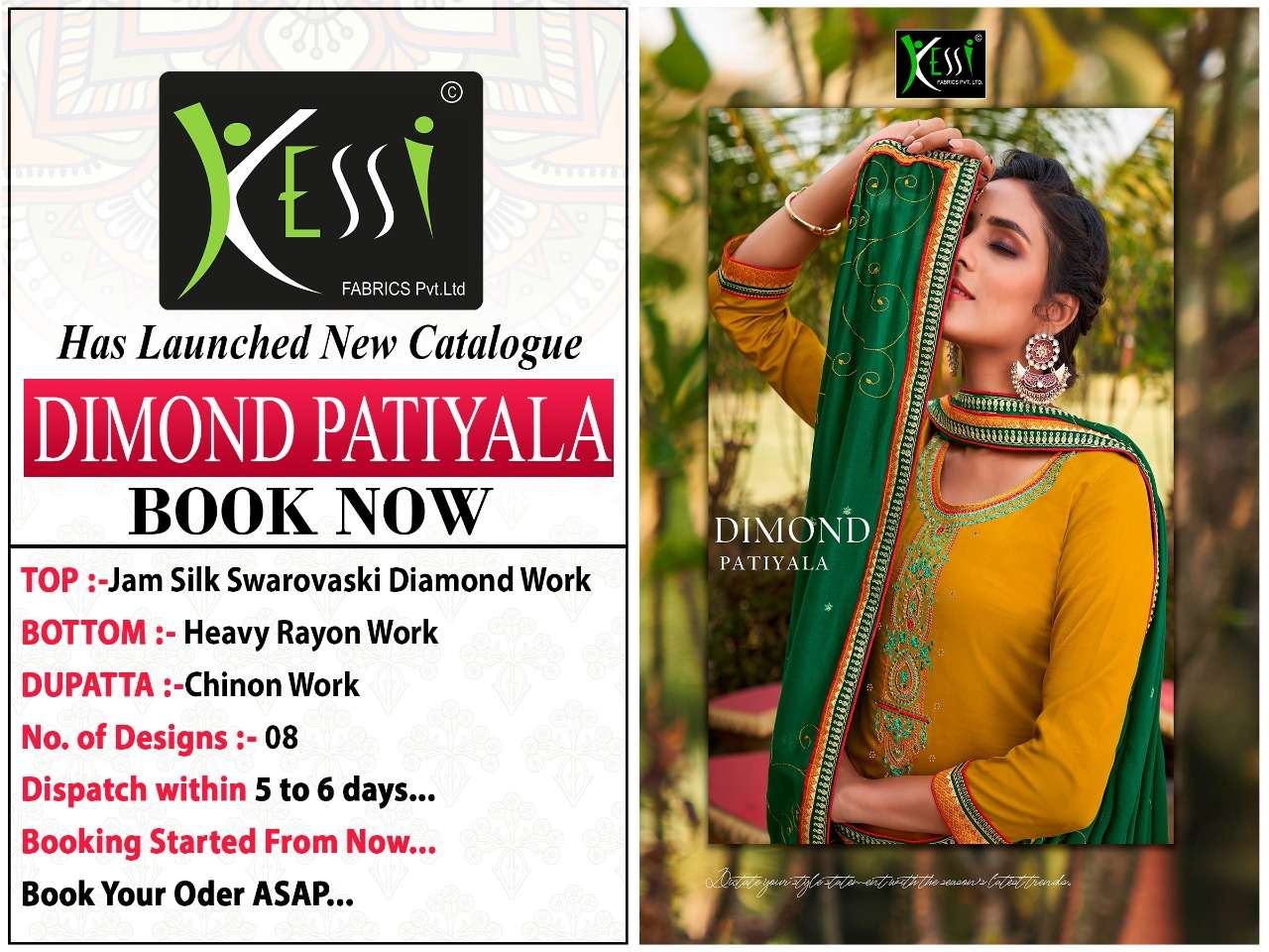 DIAMOND PATIYALA BY KESSI FABRICS 101 TO 108 SERIES BEAUTIFUL SUITS COLORFUL STYLISH FANCY CASUAL WEAR & ETHNIC WEAR JAM SILK WITH DIAMOND WORK DRESSES AT WHOLESALE PRICE