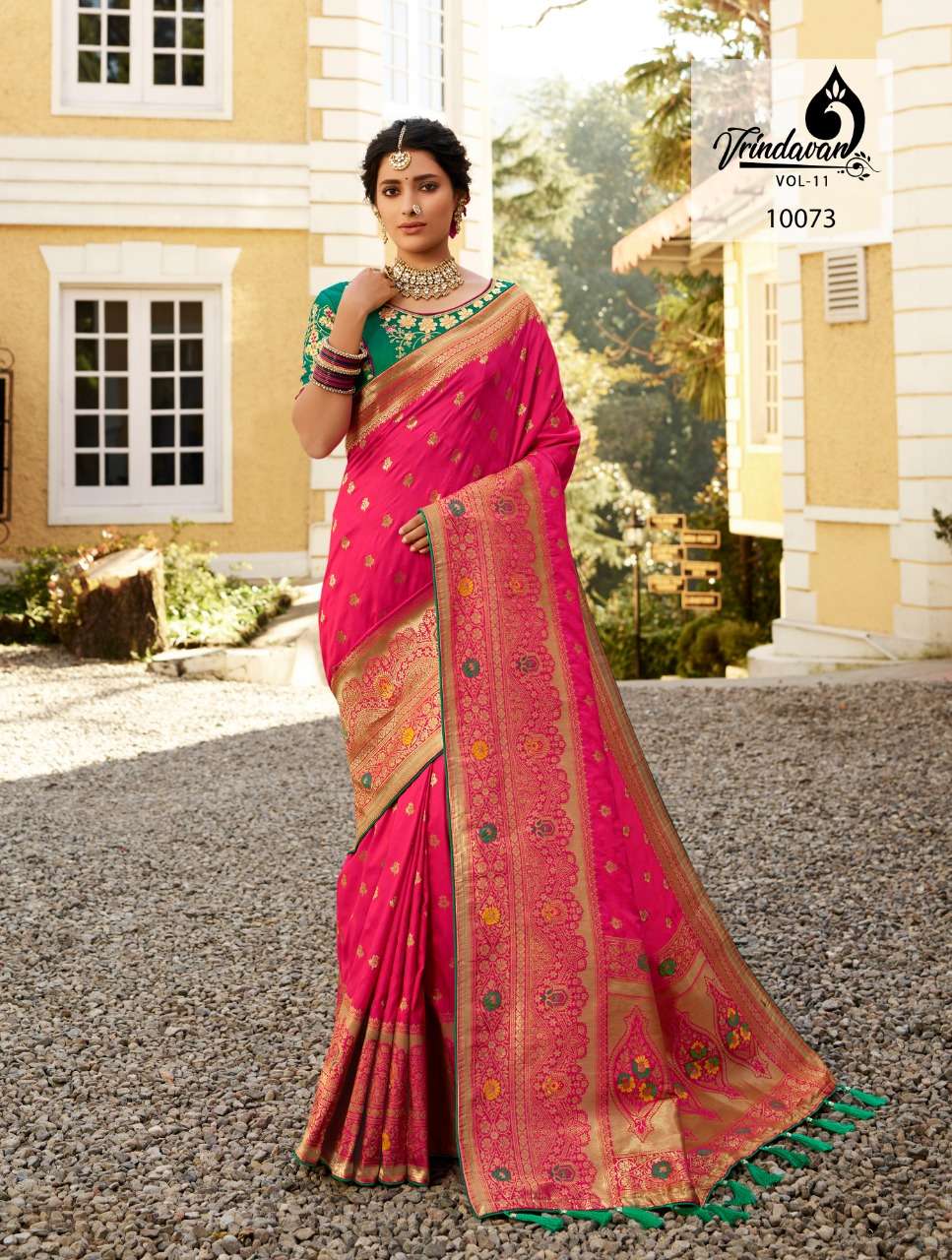 VRINDAVAN VOL-11 BY VRINDAVAN 10073 TO 10087 SERIES INDIAN TRADITIONAL WEAR COLLECTION BEAUTIFUL STYLISH FANCY COLORFUL PARTY WEAR & OCCASIONAL WEAR FANCY SAREES AT WHOLESALE PRICE