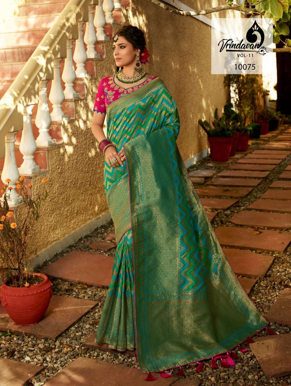 VRINDAVAN VOL-11 BY VRINDAVAN 10073 TO 10087 SERIES INDIAN TRADITIONAL WEAR COLLECTION BEAUTIFUL STYLISH FANCY COLORFUL PARTY WEAR & OCCASIONAL WEAR FANCY SAREES AT WHOLESALE PRICE