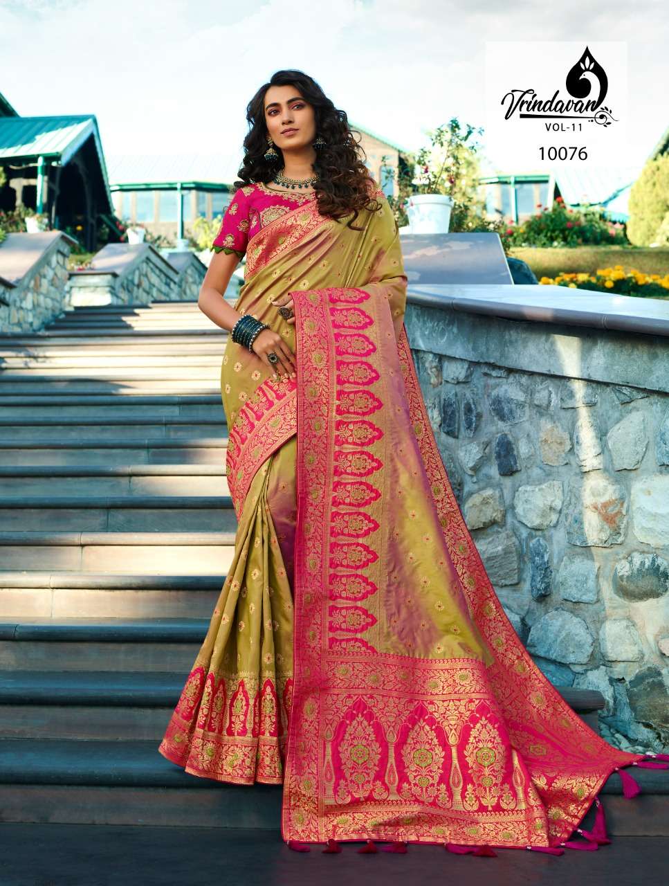 VRINDAVAN VOL-11 BY VRINDAVAN 10073 TO 10087 SERIES INDIAN TRADITIONAL WEAR COLLECTION BEAUTIFUL STYLISH FANCY COLORFUL PARTY WEAR & OCCASIONAL WEAR FANCY SAREES AT WHOLESALE PRICE