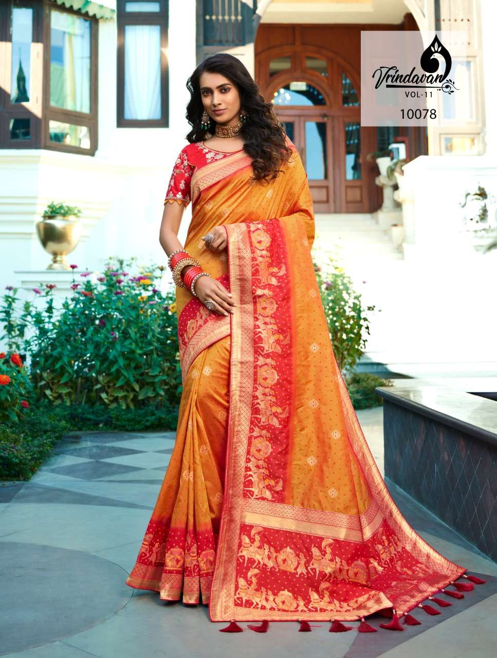 VRINDAVAN VOL-11 BY VRINDAVAN 10073 TO 10087 SERIES INDIAN TRADITIONAL WEAR COLLECTION BEAUTIFUL STYLISH FANCY COLORFUL PARTY WEAR & OCCASIONAL WEAR FANCY SAREES AT WHOLESALE PRICE
