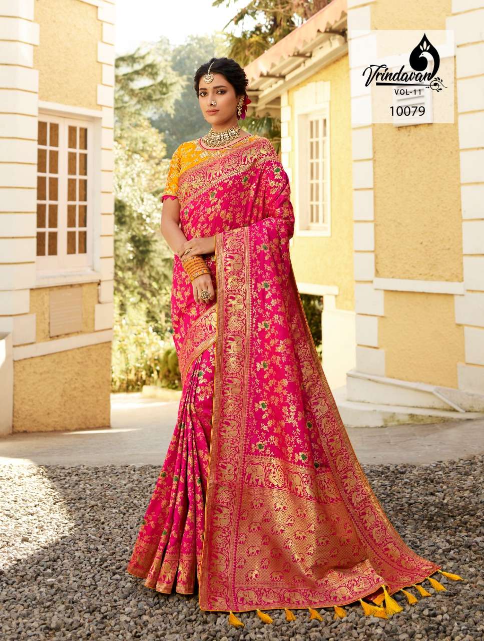 VRINDAVAN VOL-11 BY VRINDAVAN 10073 TO 10087 SERIES INDIAN TRADITIONAL WEAR COLLECTION BEAUTIFUL STYLISH FANCY COLORFUL PARTY WEAR & OCCASIONAL WEAR FANCY SAREES AT WHOLESALE PRICE