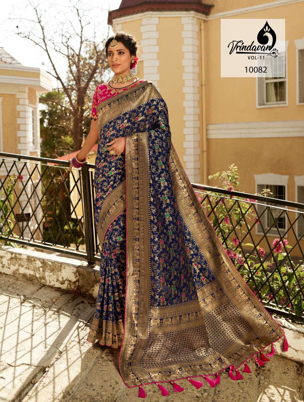 VRINDAVAN VOL-11 BY VRINDAVAN 10073 TO 10087 SERIES INDIAN TRADITIONAL WEAR COLLECTION BEAUTIFUL STYLISH FANCY COLORFUL PARTY WEAR & OCCASIONAL WEAR FANCY SAREES AT WHOLESALE PRICE