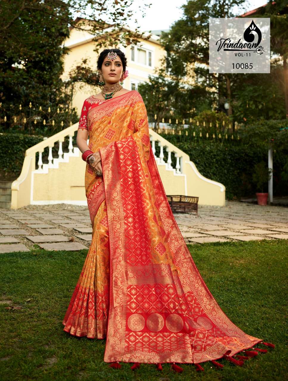 VRINDAVAN VOL-11 BY VRINDAVAN 10073 TO 10087 SERIES INDIAN TRADITIONAL WEAR COLLECTION BEAUTIFUL STYLISH FANCY COLORFUL PARTY WEAR & OCCASIONAL WEAR FANCY SAREES AT WHOLESALE PRICE