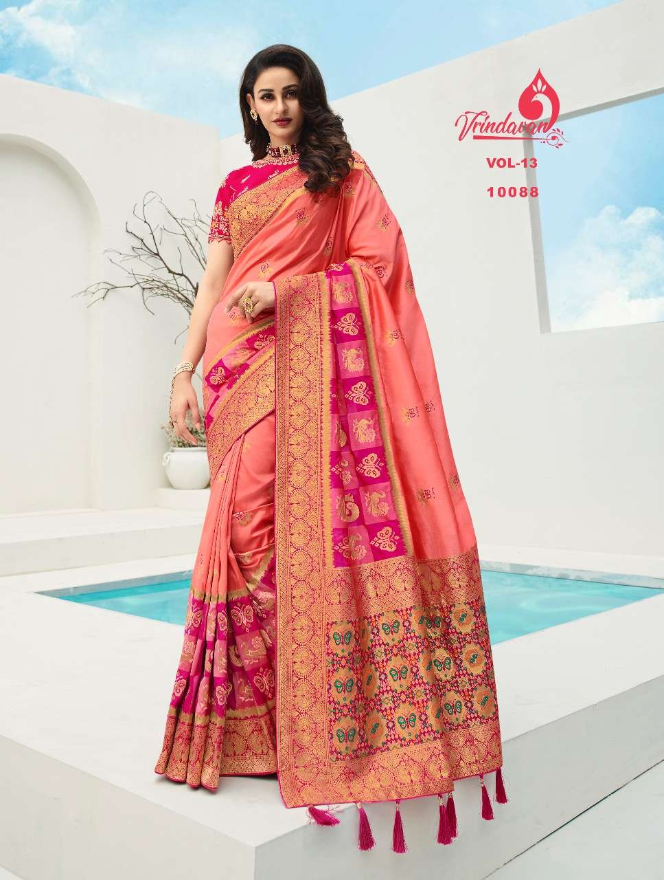 VRINDAVAN VOL-13 BY VRINDAVAN 10088 TO 10102 SERIES INDIAN TRADITIONAL WEAR COLLECTION BEAUTIFUL STYLISH FANCY COLORFUL PARTY WEAR & OCCASIONAL WEAR FANCY SAREES AT WHOLESALE PRICE