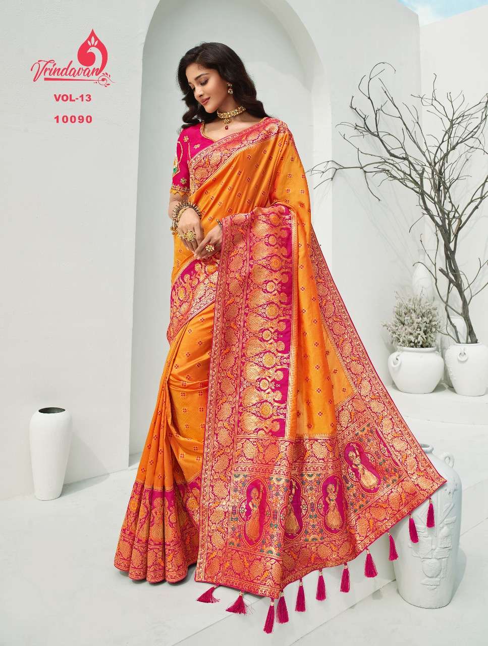 VRINDAVAN VOL-13 BY VRINDAVAN 10088 TO 10102 SERIES INDIAN TRADITIONAL WEAR COLLECTION BEAUTIFUL STYLISH FANCY COLORFUL PARTY WEAR & OCCASIONAL WEAR FANCY SAREES AT WHOLESALE PRICE