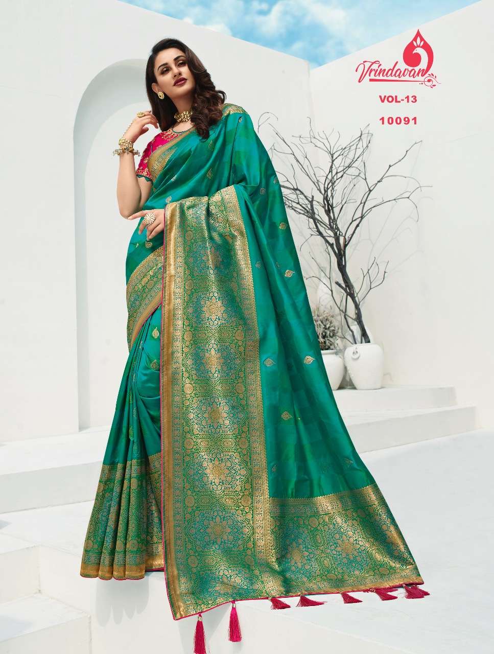 VRINDAVAN VOL-13 BY VRINDAVAN 10088 TO 10102 SERIES INDIAN TRADITIONAL WEAR COLLECTION BEAUTIFUL STYLISH FANCY COLORFUL PARTY WEAR & OCCASIONAL WEAR FANCY SAREES AT WHOLESALE PRICE