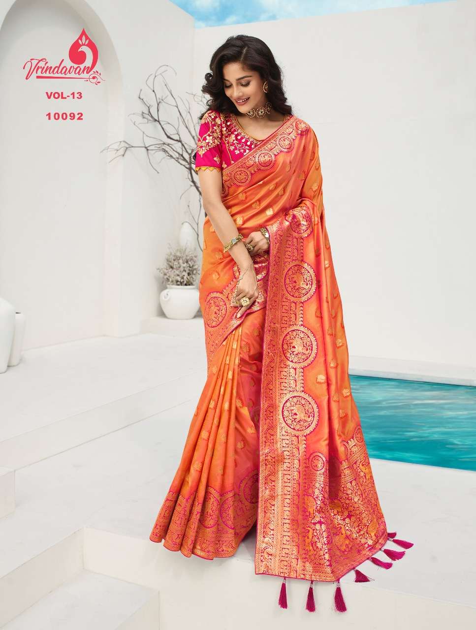 VRINDAVAN VOL-13 BY VRINDAVAN 10088 TO 10102 SERIES INDIAN TRADITIONAL WEAR COLLECTION BEAUTIFUL STYLISH FANCY COLORFUL PARTY WEAR & OCCASIONAL WEAR FANCY SAREES AT WHOLESALE PRICE